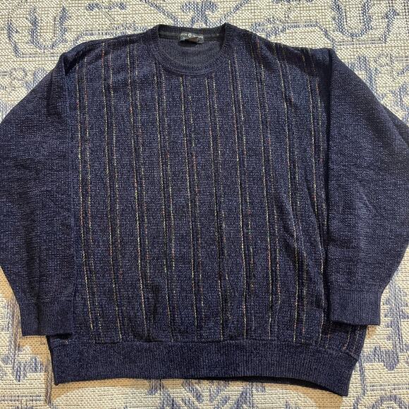 VTG Y2K 3D Knit Multicolor Striped Navy Sweater Earth Tones SZ XL - Picture 1 of 6